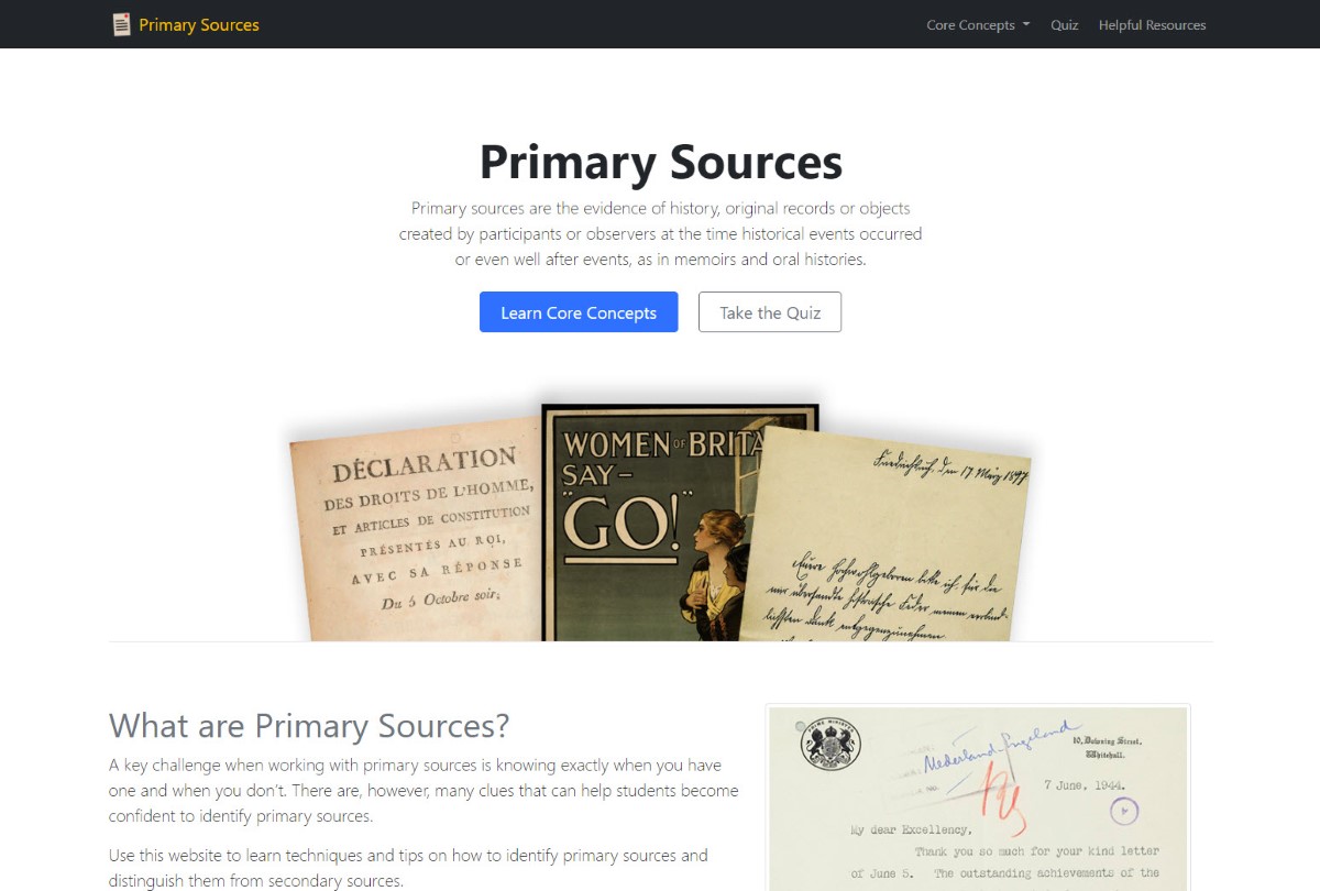 Primary Sources - Project Website Homepage